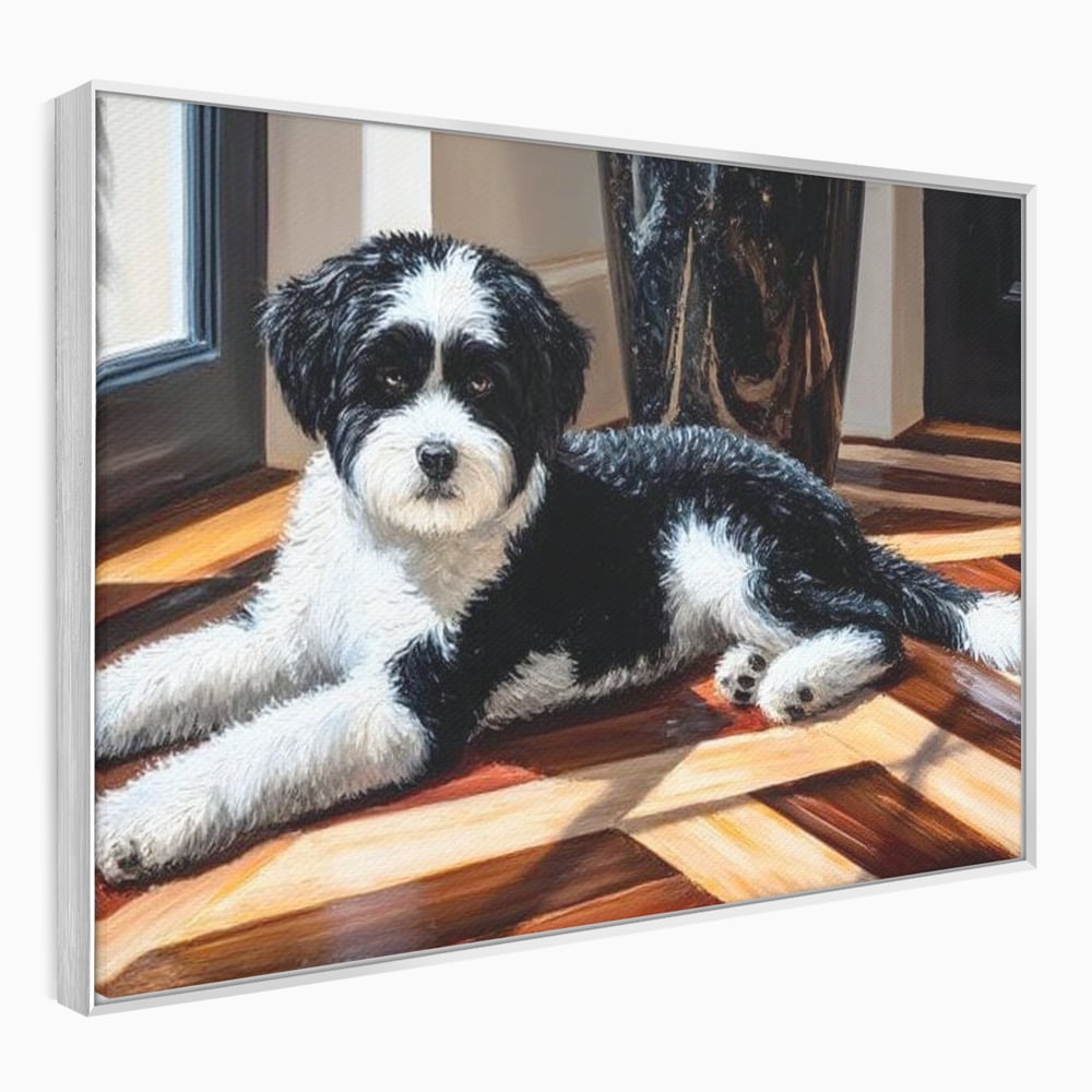 Tablou canvas cu tablou canvas cu catel negru cu alb, in rama de aluminiu argintiu